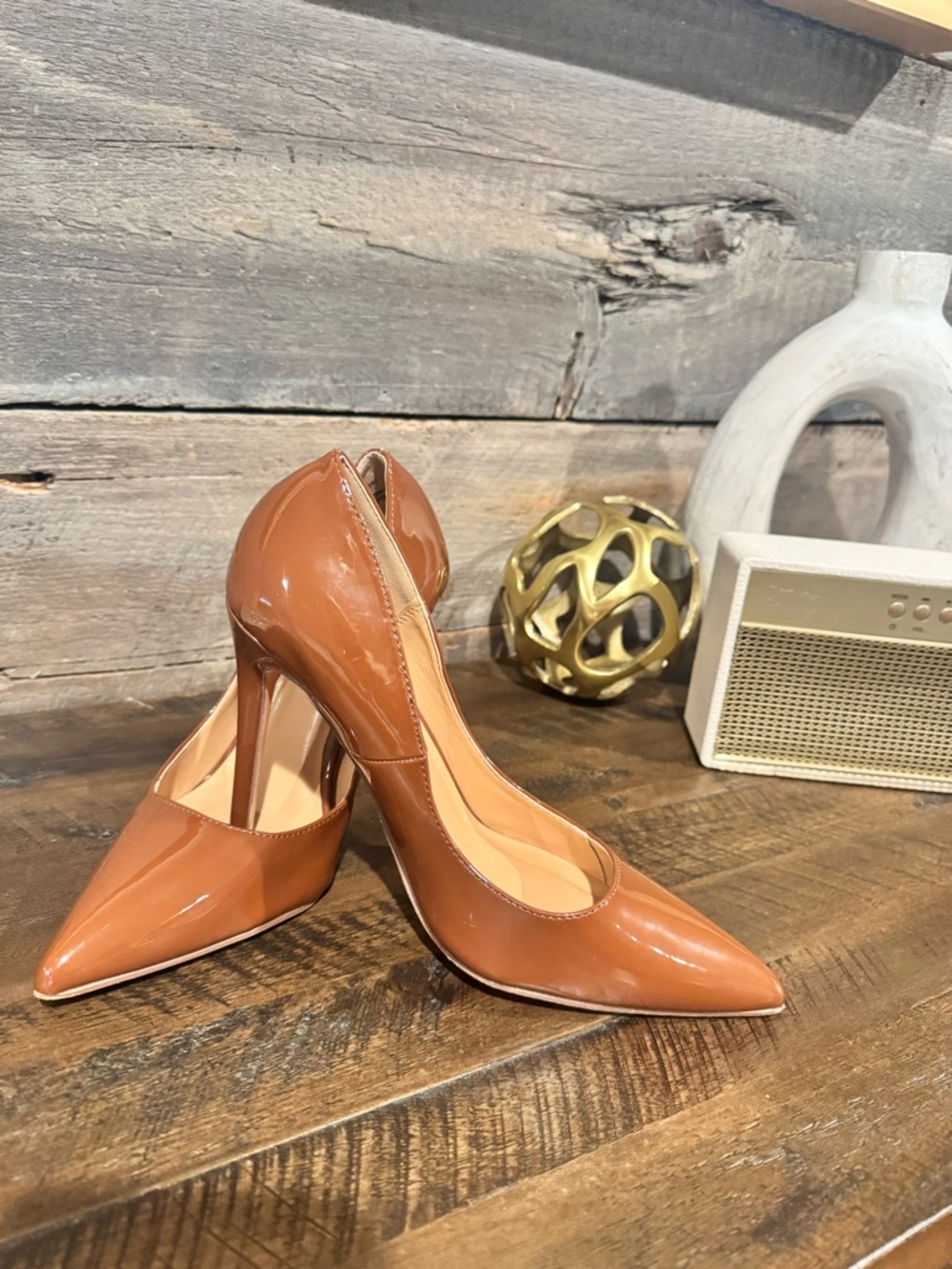Steve Madden Tan Patent Pointed-Toe Stiletto Pumps